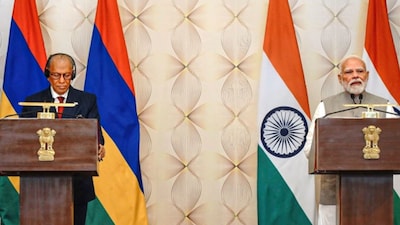 Prime Minister Narendra Modi with his Mauritius counterpart Navinchandra Ramgoolam during the latter's visit to Varanasi in 2025. (PTI)