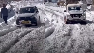 XUV700 struggles for grip on an ice-covered road. (Photo Credit: X)