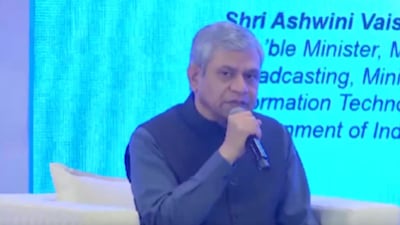 Minister for Electronics and Information Technology Ashwini Vaishnaw speaks during a fireside chat with Charles Rivkin, chairman of the Motion Picture Association (MPA), at an official satellite event of the AI Impact Summit 2026. (ANI/X)