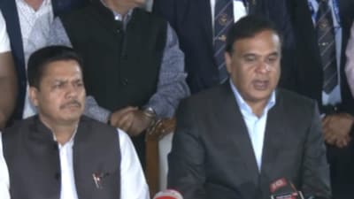 Assam CM Himanta Biswa Sarma with Bhupen Borah at a press conference on Tuesday. (ANI/X)