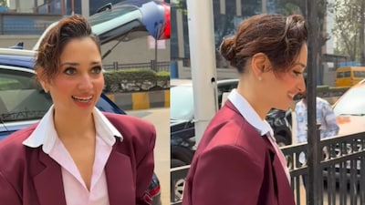 Tamannaah stuns in a burgundy suit & Gucci belt. (Photo Credit: Instagram/filmygyan)