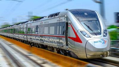 A train moves on tracks ahead of the inauguration of the Namo Bharat corridor and Meerut metro services by PM Narendra Modi. (Image: Handout/PTI)
