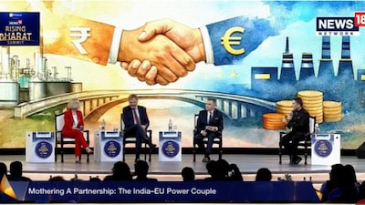 From left: Norwegian ambassador to India May-Elin Stener, German ambassador to India Dr Philipp Ackermann, and Norwegian ambassador to India Jan Thesleff at the News18 Rising Bharat Summit on February 27, 2026. (Image: News18) 