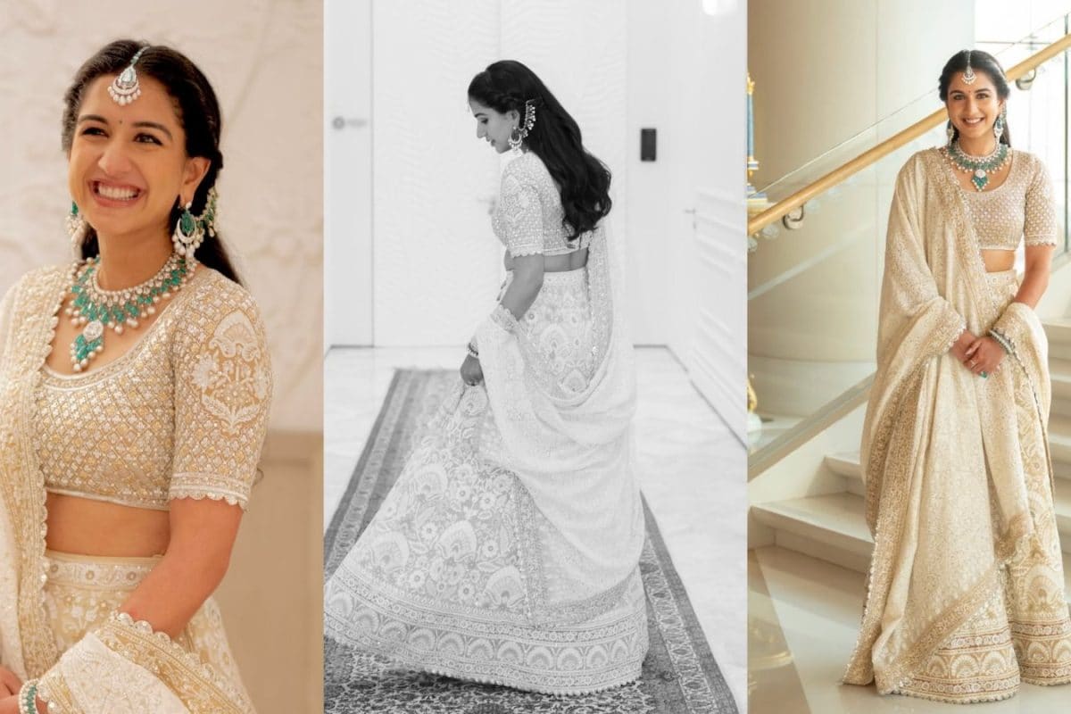 Radhika Ambani Wears Resham-Embroidered Ghagra By Abu Jani Sandeep Khosla With Jaw-Dropping Emeralds For Salgaocar Wedding