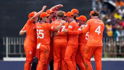 Netherlands players celebrate the wicket of Pakistan's Shadab Khan (Picture credit: AP)