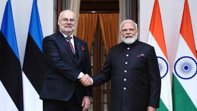 Estonia President Alar Karis with Indian PM Narendra Modi. (Image: MEA India)
