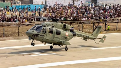 An IAF helicopter during an aerial show at the Emergency Landing Facility (ELF) in Dibrugarh district, Assam. (PTI)