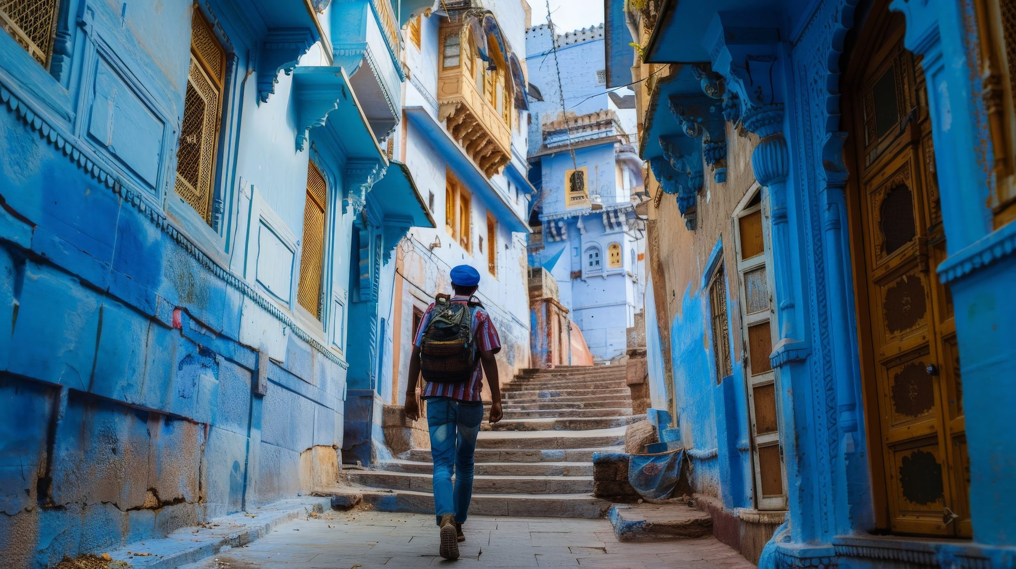 The blue lanes themselves are an attraction. Walking through the narrow alleys of the old city, you’ll encounter vibrant markets like Sardar Market near the Clock Tower, where spices, textiles, and handicrafts spill out of shops in a riot of color. The indigo-painted houses, stacked closely together, create a dreamlike backdrop for everyday life—children playing, vendors calling out, and locals welcoming visitors with warm “khamma ghani.”