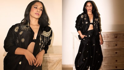 Masaba Gupta models a black bomber jacket with balloon pants