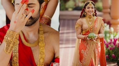 Rashmika Mandanna and Vijay Deverakonda’s jewellery were inspired by South Indian architecture. Image credit: House on the Clouds