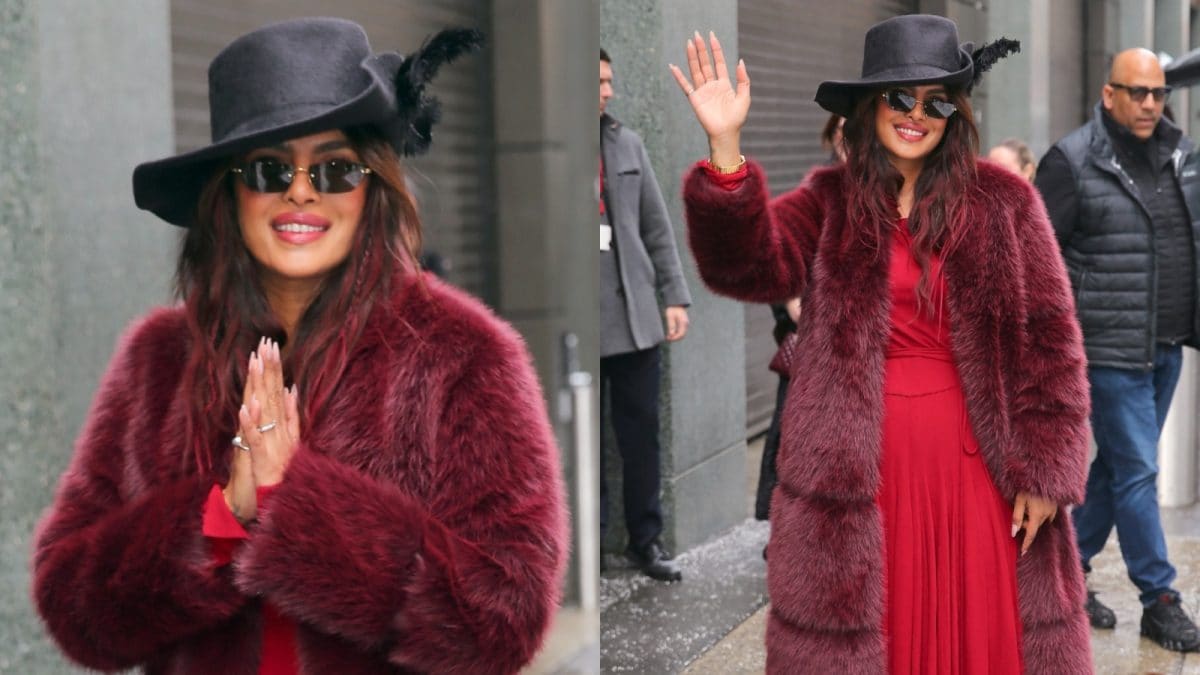 Priyanka Chopra Channels Pirate-Core In Feather Hat & Burgundy Fur Coat In NYC