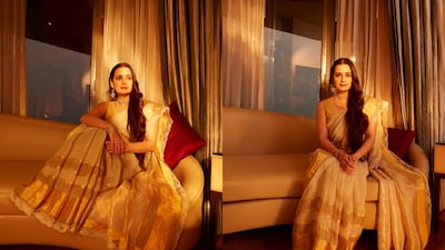 Dia Mirza In Anavila’s Ivory-Gold Linen Saree Proves Linen Is Back In Focus