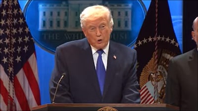 US President Donald Trump addressing the media after the Supreme Court verdict on tariffs. (White House)