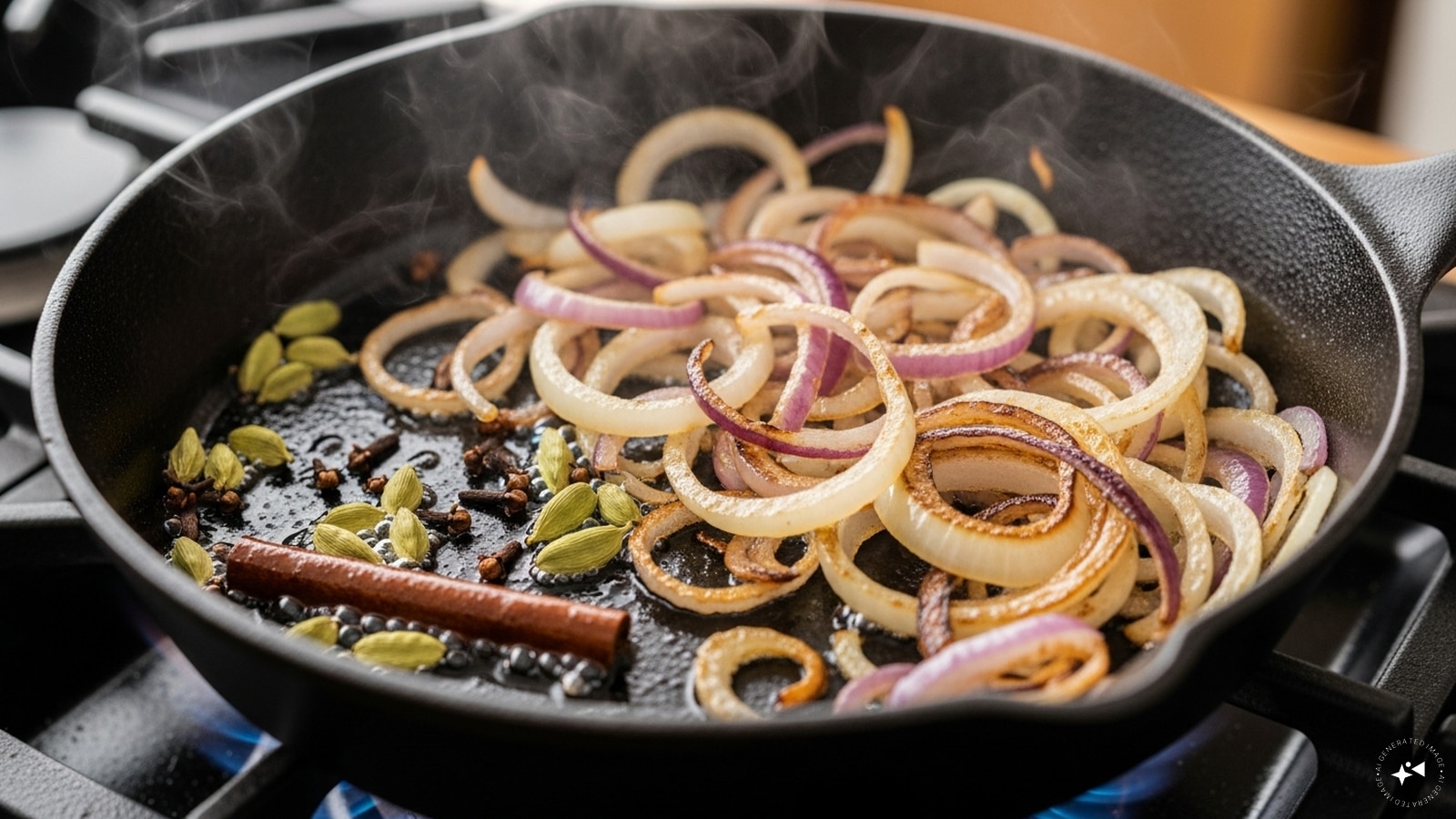 Next, in a pan heat 3 tablespoon oil or ghee and add cardamom, cloves, and cinnamon to it. Add sliced onions and saute until deep golden. Next, in a pan heat 3 tablespoon oil or ghee and add cardamom, cloves, and cinnamon to it. Add sliced onions and saute until deep golden.