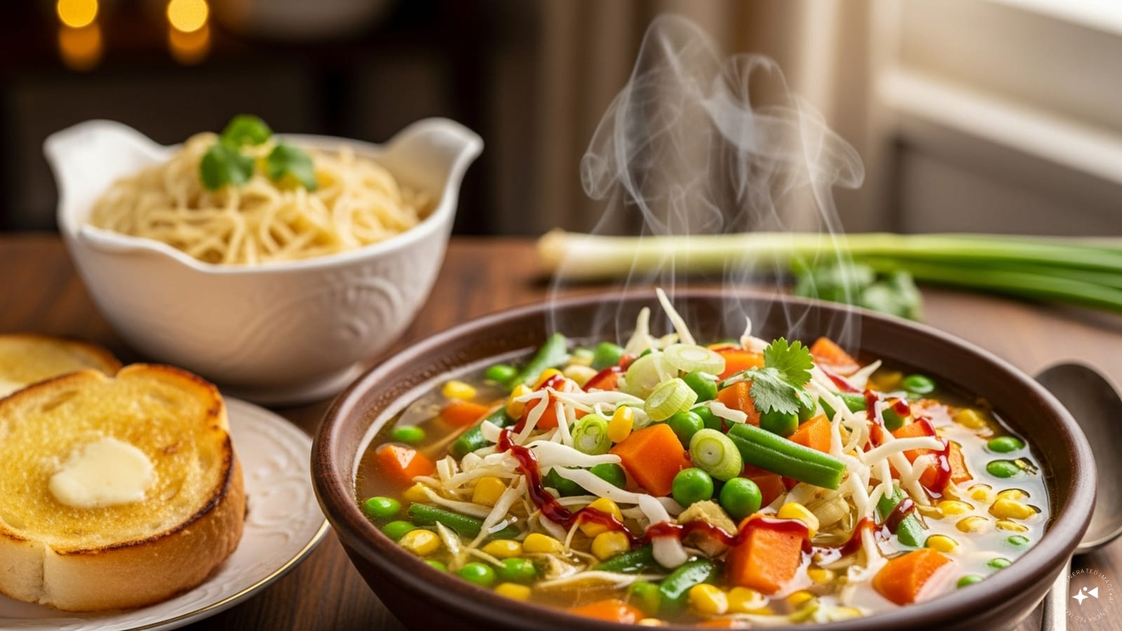 Classic Indian Vegetable Soup: This Indo-Chinese inspired soup is a staple in many households. It’s quick, versatile, and allows you to use whatever vegetables you have on hand. Carrots, beans, cabbage, peas, and corn simmer together with ginger, garlic, and spring onions to create a fragrant base. A touch of corn starch thickens the broth, while vinegar and chili flakes add brightness and heat. The result is a light yet flavorful soup that pairs beautifully with noodles or toasted bread. It’s perfect for weeknight dinners and an excellent way to sneak in extra vegetables for kids. Classic Indian Vegetable Soup: This Indo-Chinese inspired soup is a staple in many households. It’s quick, versatile, and allows you to use whatever vegetables you have on hand. Carrots, beans, cabbage, peas, and corn simmer together with ginger, garlic, and spring onions to create a fragrant base. A touch of corn starch thickens the broth, while vinegar and chili flakes add brightness and heat. The result is a light yet flavorful soup that pairs beautifully with noodles or toasted bread. It’s perfect for weeknight dinners and an excellent way to sneak in extra vegetables for kids.