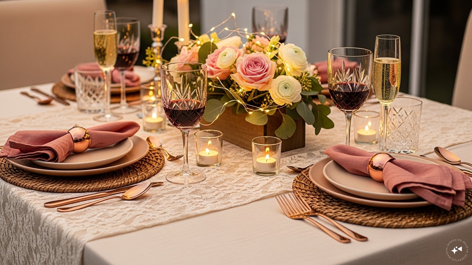 Layered Texture: Mix textures with table linens, runners, placemats, and napkins. Soft fabrics, shiny accents, or rustic elements create depth and visual interest, giving your table a cozy yet elegant feel perfect for a romantic celebration.