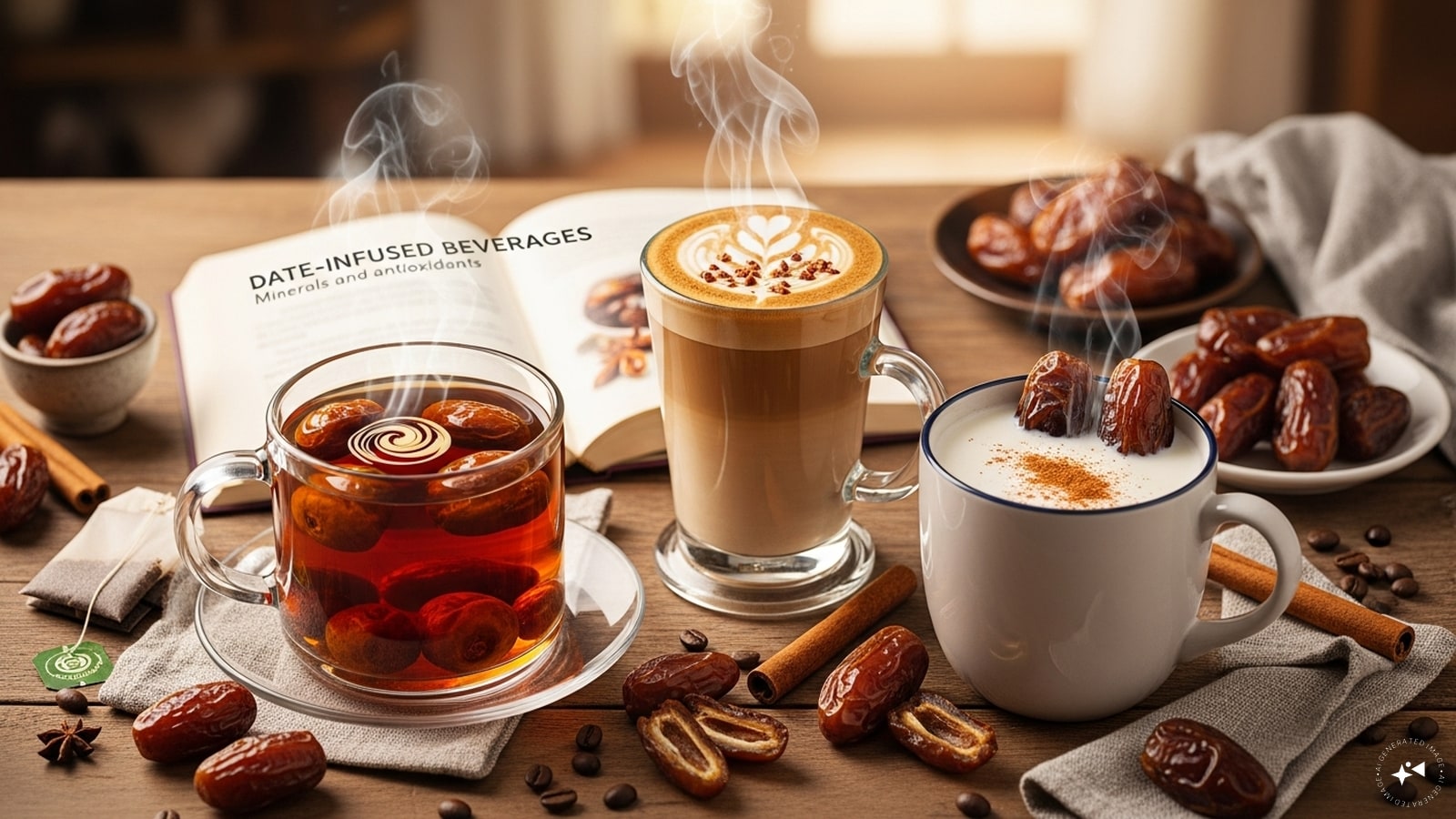  Date-Infused Beverages: Add dates to tea, coffee, or warm milk while brewing or blending. Dates naturally sweeten the drink and add minerals and antioxidants. This simple method transforms ordinary beverages into a flavourful, energizing, and nutrient-rich indulgence.