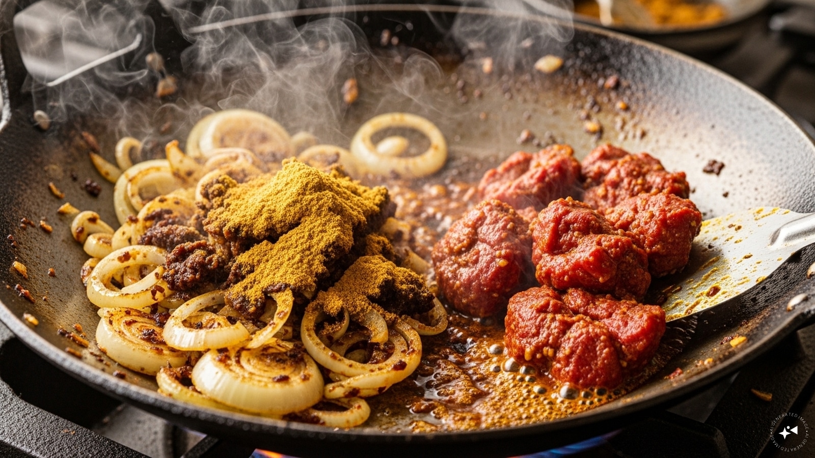 Now, add the remaining ginger-garlic paste and coriander powder to the sautéed onions. Cook until it turns aromatic and then add the marinated mutton to it and cook on high heat for 5-7 minutes. Now, add the remaining ginger-garlic paste and coriander powder to the sautéed onions. Cook until it turns aromatic and then add the marinated mutton to it and cook on high heat for 5-7 minutes.