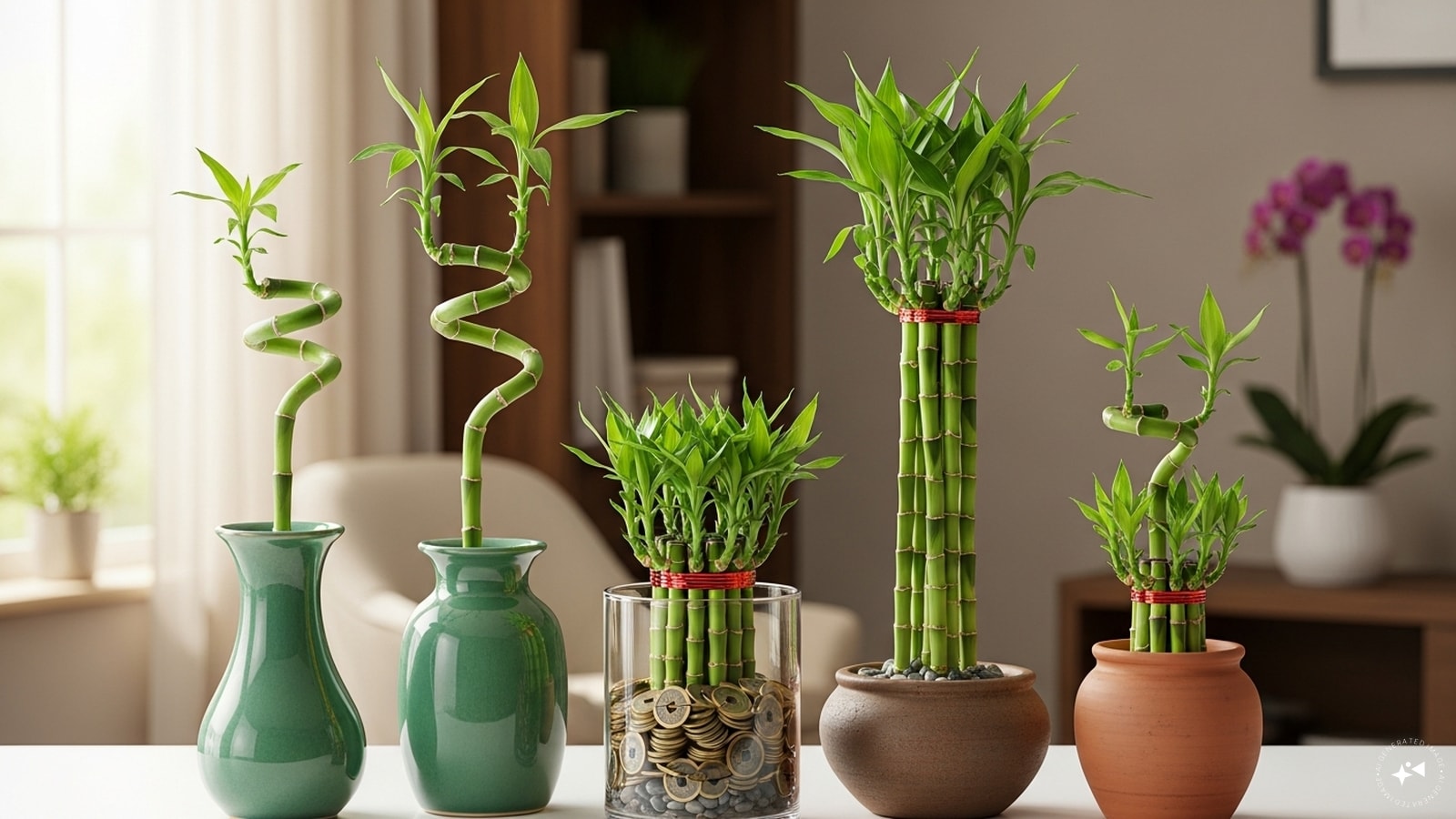 Lucky Bamboo Arrangements: Display lucky bamboo in decorative vases with stones or coins. Different stalk counts symbolize wealth, love, and health. Easy to care for, these plants bring life and positive energy into living spaces, combining beauty with feng shui benefits.