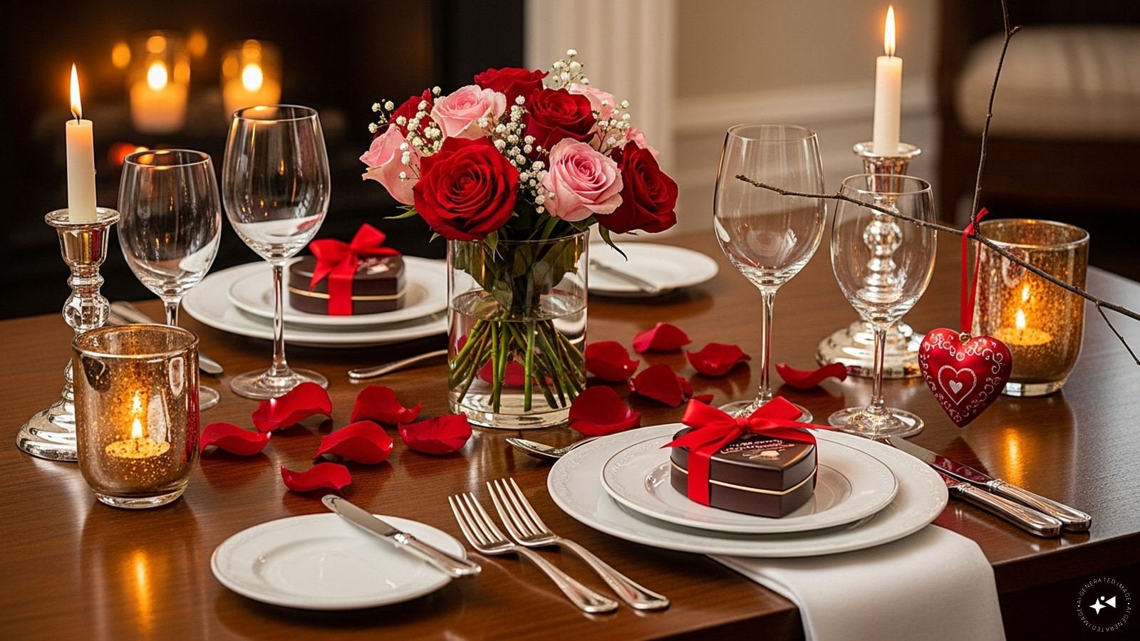  Themed Decorative Accents: Add subtle Valentine’s touches like heart-shaped ornaments, rose petals, or chocolate boxes. These small details reinforce the theme without overwhelming the table, making your Valentine’s Day setting both charming and memorable.