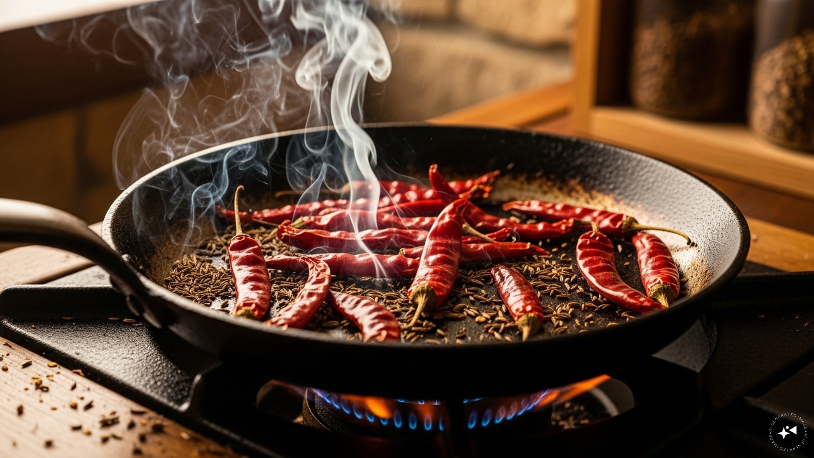  Dry roast the red chillies and cumin seeds briefly until aromatic. Allow them to cool. 