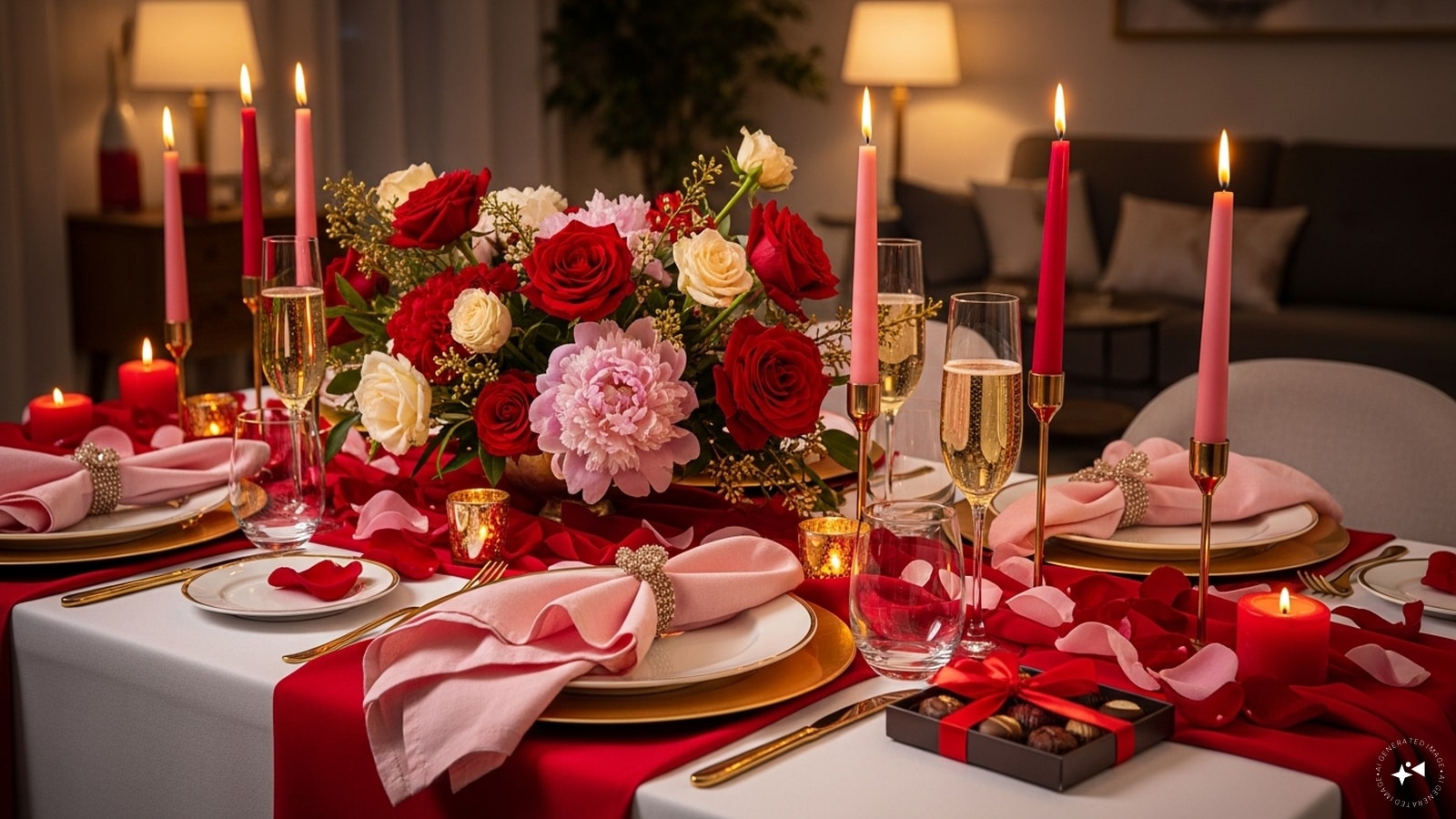 Romantic Colour Palette: Choose a harmonious colour scheme, like reds, pinks, golds, or soft neutrals. Incorporate colours through tablecloths, napkins, candles, and floral arrangements to create a visually appealing and cohesive Valentine’s Day setting.