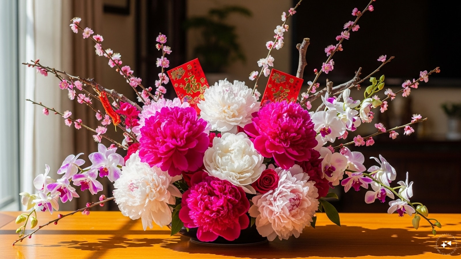 Floral Arrangements: Use fresh flowers such as peonies, orchids, or plum blossoms. Each flower carries auspicious meaning: peonies for wealth, orchids for fertility, plum blossoms for perseverance. Colourful arrangements uplift the space and embody wishes for a thriving New Year.