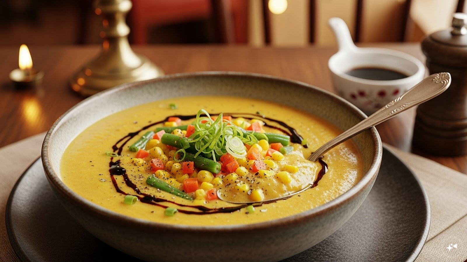 Sweet Corn Soup: A favourite in Indian restaurants, sweet corn soup is mild, creamy, and universally loved. Whole kernels and corn purée form the base, enriched with carrots, beans, and spring onions. A dash of soy sauce and white pepper gives it a subtle Indo-Chinese flavour. This soup is especially popular with children thanks to its natural sweetness. It’s also versatile—serve it clear for a lighter version or thickened with corn flour for a heartier bowl. Sweet Corn Soup: A favourite in Indian restaurants, sweet corn soup is mild, creamy, and universally loved. Whole kernels and corn purée form the base, enriched with carrots, beans, and spring onions. A dash of soy sauce and white pepper gives it a subtle Indo-Chinese flavour. This soup is especially popular with children thanks to its natural sweetness. It’s also versatile—serve it clear for a lighter version or thickened with corn flour for a heartier bowl.