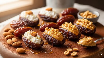  Stuffed Dates: Medjool dates filled with cream cheese, almonds, or peanut butter make for a delightful, protein-packed snack or appetizer that's both sweet and savoury.