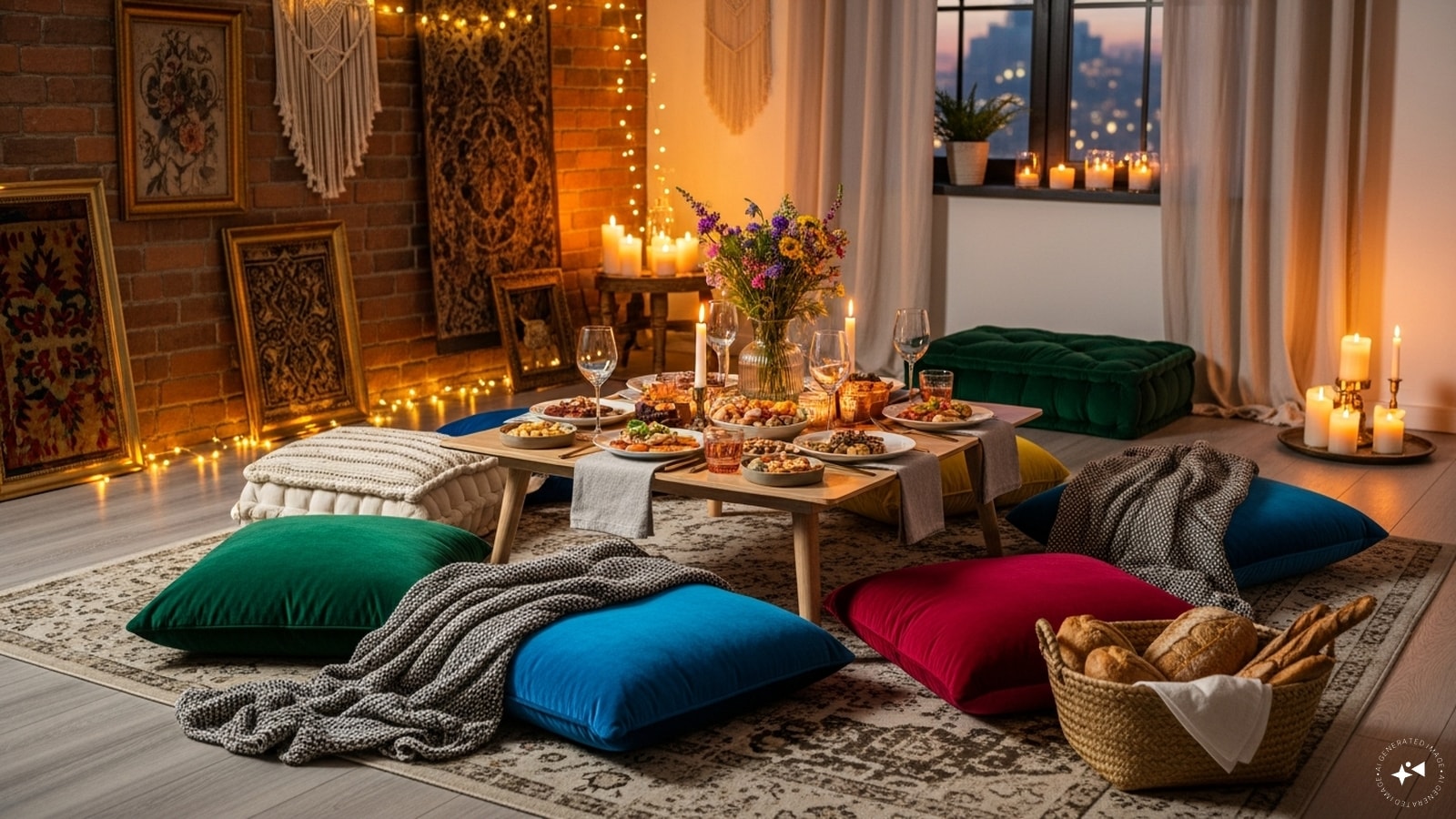 Velvet Floor Seating: Swap traditional dining chairs for plush velvet floor cushions and a low-profile table. This "bohemian chic" setup encourages closeness and a relaxed, picnic-style vibe within your own cozy living room.