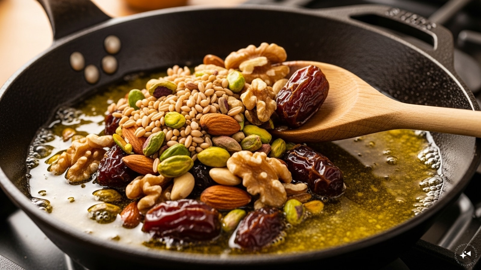 Step 1: Take a pan and add 1.5 tablespoon of ghee. Add chironji, pista, almonds, walnut, dates and stir it. Step 1: Take a pan and add 1.5 tablespoon of ghee. Add chironji, pista, almonds, walnut, dates and stir it.