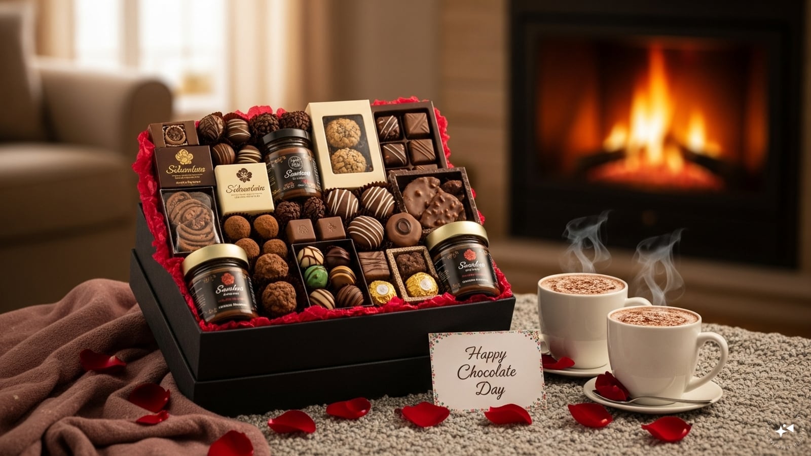  Chocolate Gift Hampers: Chocolate hampers combine variety and surprise in one gift. Featuring assorted bars, truffles, cookies, and spreads, they let your loved one explore different textures and flavours—perfect for couples who enjoy sharing sweet moments together during relaxed, cozy Chocolate Day celebrations.