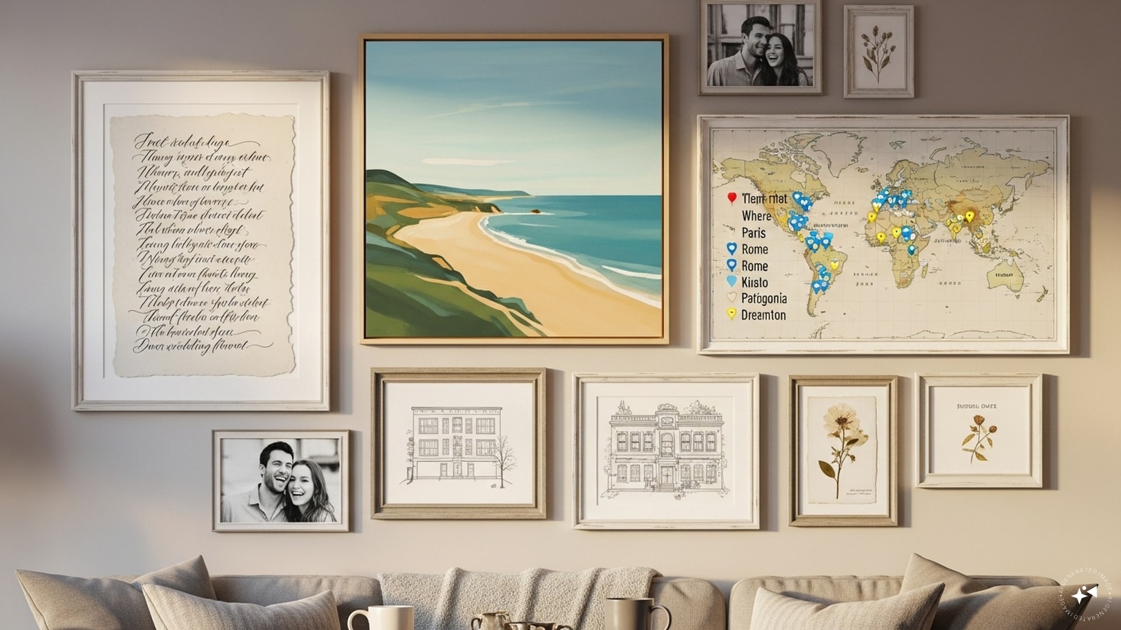 For creative couples, DIY wall art can turn shared memories into décor. You could paint a minimal illustration of your favourite place together, frame song lyrics that define your relationship, or create a map marking locations that hold meaning - where you met, travelled or dream of going next. Every glance at the wall then becomes a reminder of your bond.