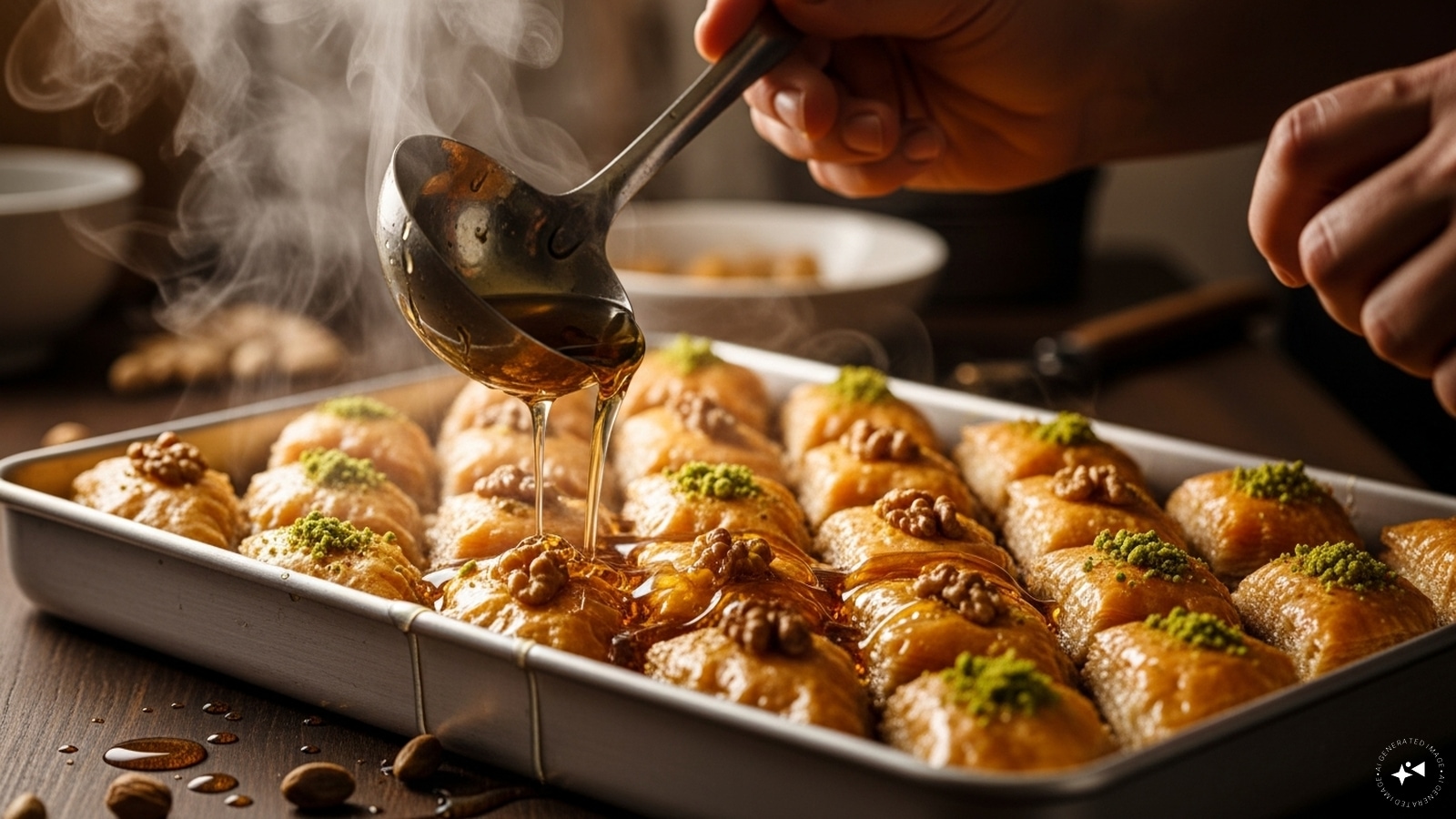 Now, pour the warm syrup over hot baklava and rest for several hours before serving! Now, pour the warm syrup over hot baklava and rest for several hours before serving!