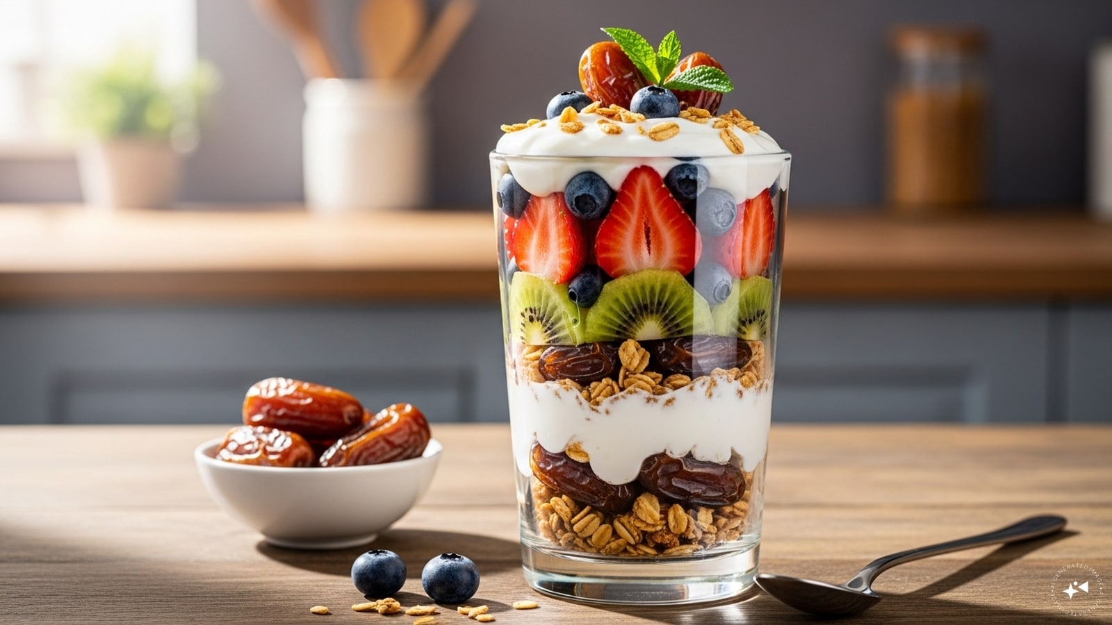  Date Yogurt Parfaits: Layer chopped dates with yogurt, granola, and fresh fruits in a glass for a nutritious parfait. It makes a wholesome breakfast, snack, or dessert. Dates provide sweetness and texture while yogurt adds protein and probiotics for digestive health.