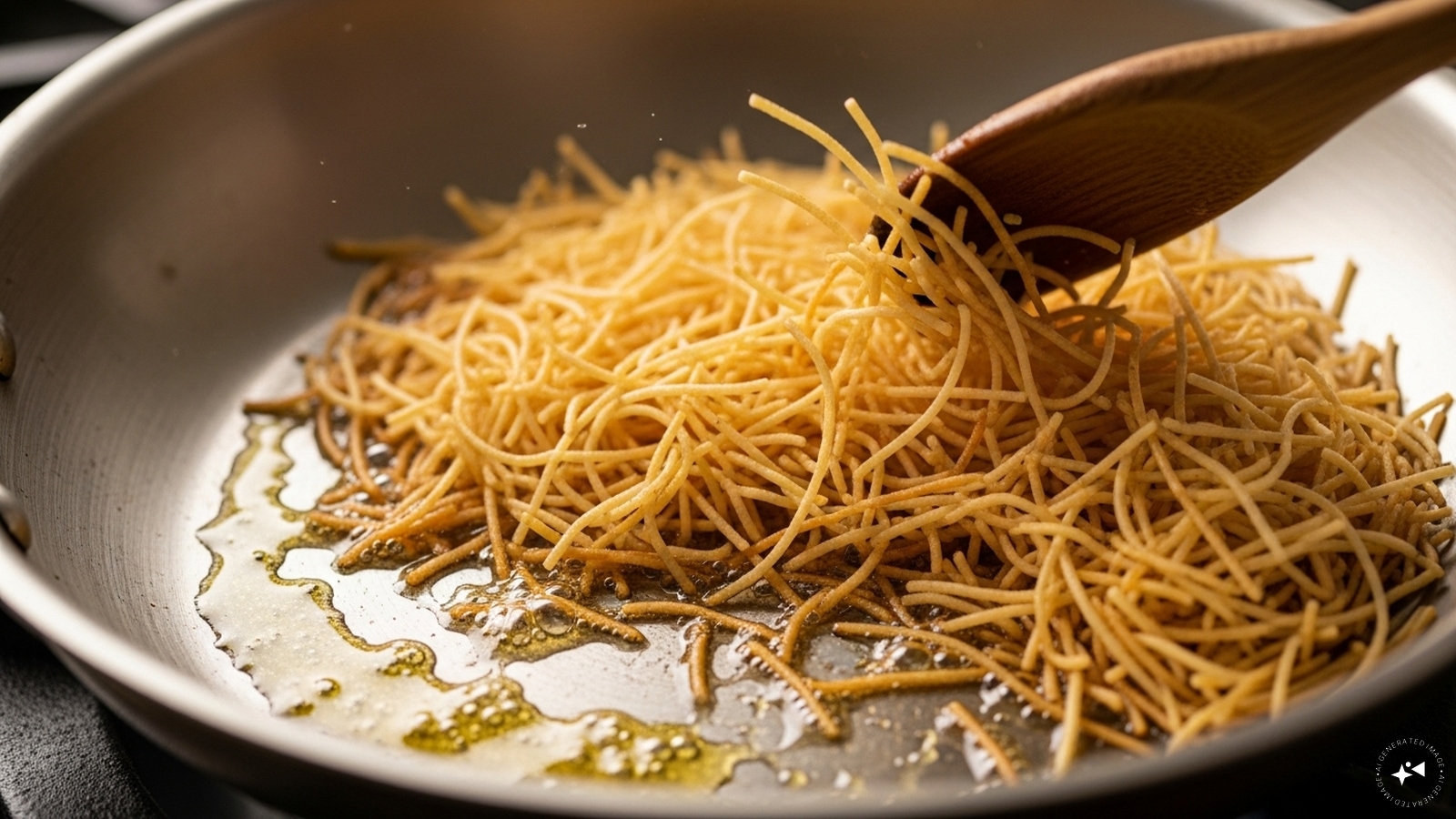 Step 3: In another pan, add the remaining ghee and fry the broken vermicelli till lightly brown. Step 3: In another pan, add the remaining ghee and fry the broken vermicelli till lightly brown.
