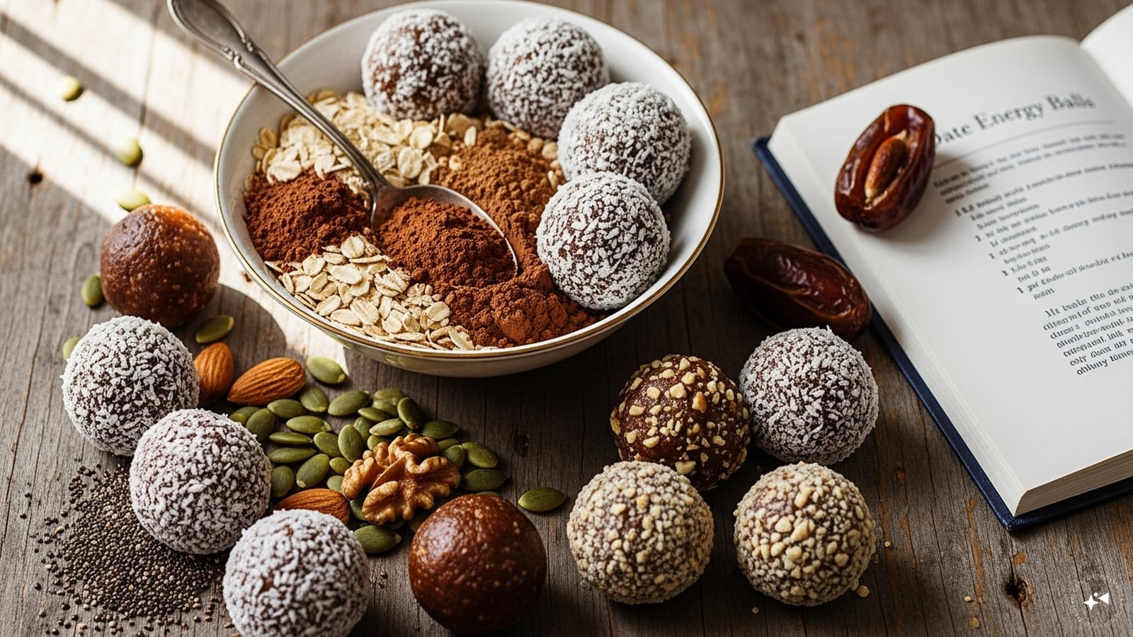  Date Energy Balls: Blend dates with oats, cocoa powder, nuts, and seeds to make no-bake energy balls. Roll them into bite-sized portions for a portable snack. They’re packed with natural sugars, protein, and fiber, making them ideal for mid-day energy or pre-workout fuel.