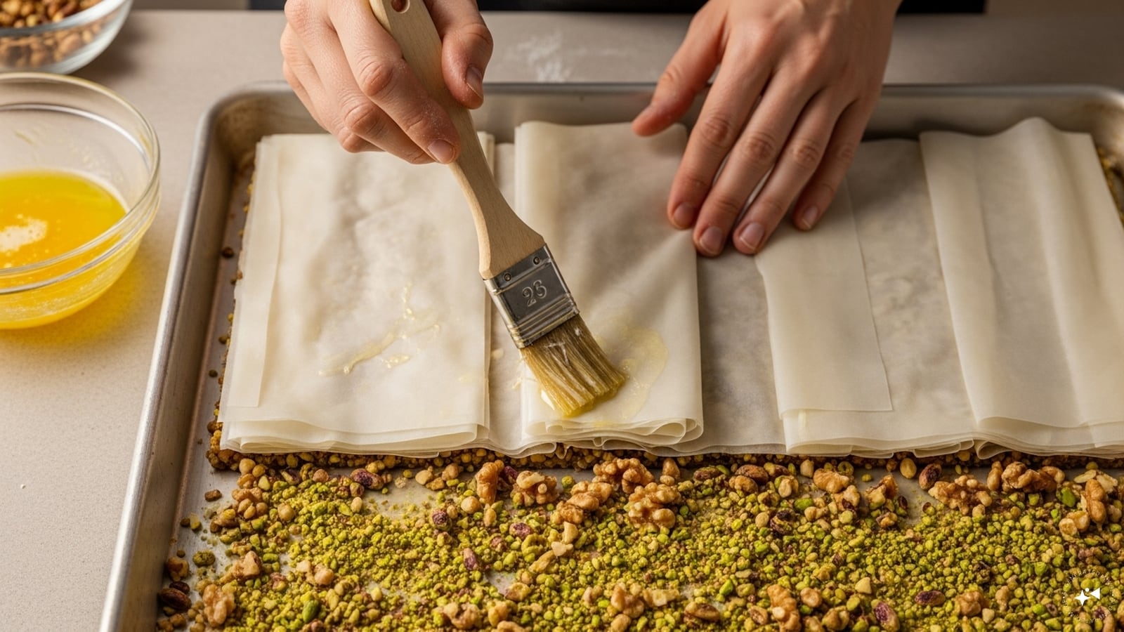 Next, spread nuts evenly and continue layering pastry on top. Next, spread nuts evenly and continue layering pastry on top.