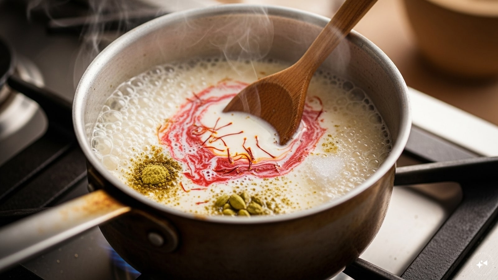 Step 2: Pour milk into a pan, then add saffron, cardamom powder and sugar into it. Keep stirring the mixture until it is reduced to half. Step 2: Pour milk into a pan, then add saffron, cardamom powder and sugar into it. Keep stirring the mixture until it is reduced to half.