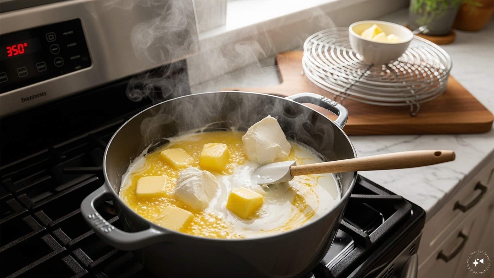 Preheat the oven and melt butter, cream cheese, and milk in a pot until smooth; set aside to cool.