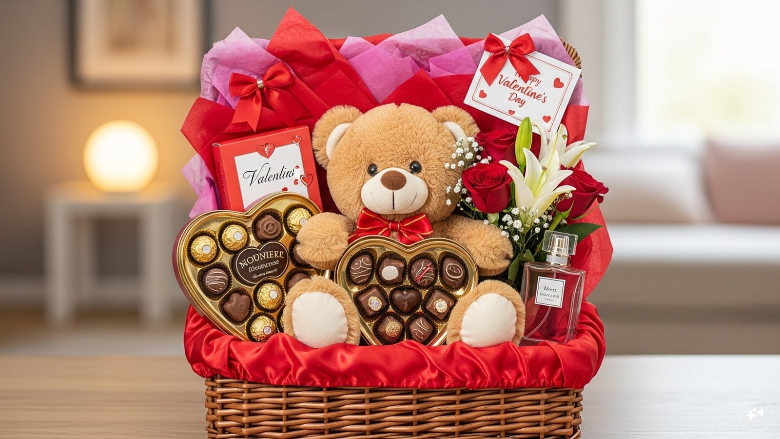 Teddy Gift Hamper: Pair a teddy with chocolates, flowers, or perfume in a Valentine’s hamper. It’s a complete package of love and indulgence.