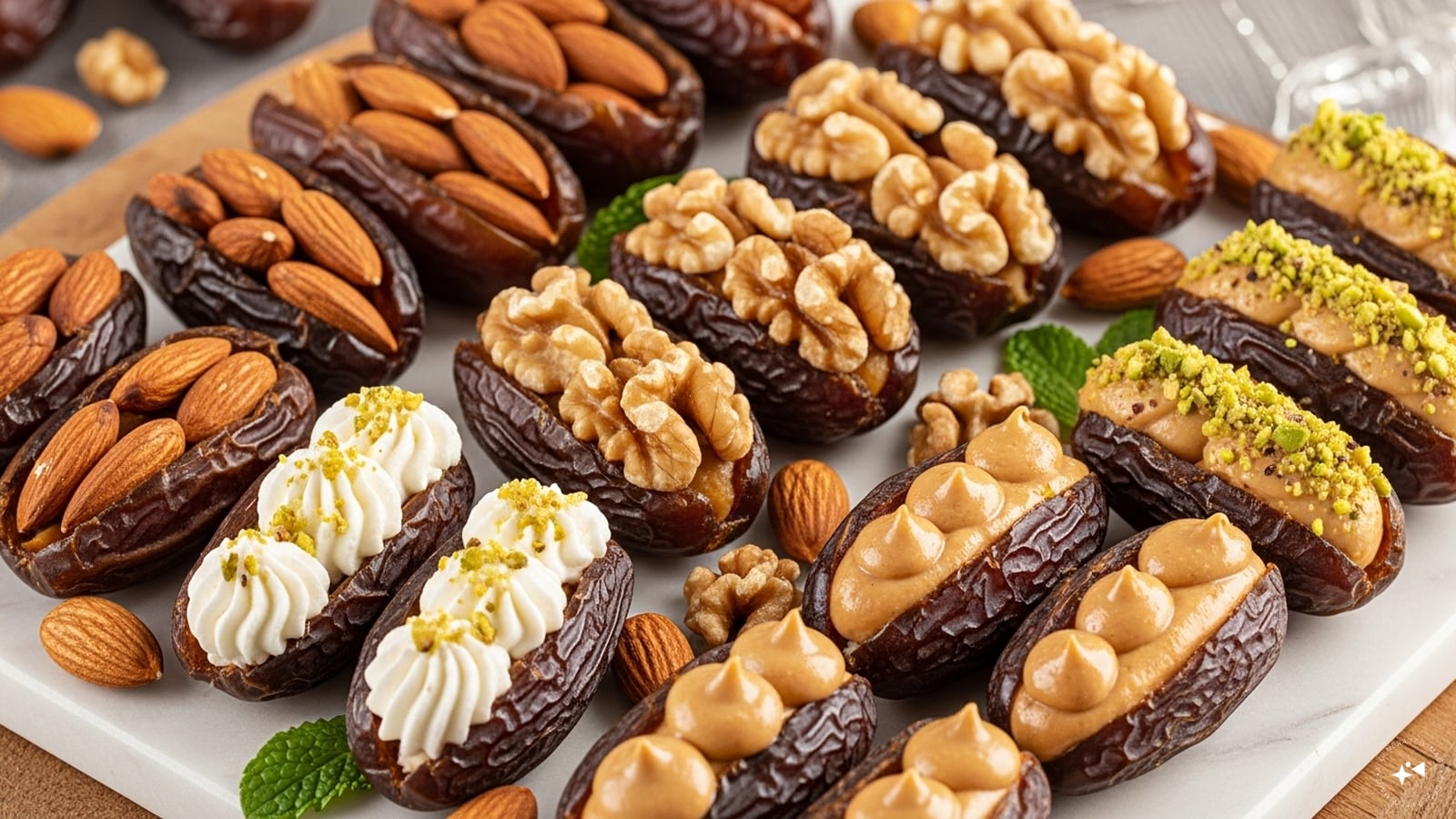  Stuffed Dates: Fill dates with nuts, cheese, or nut butter for a delicious snack. Almonds or walnuts add crunch, while cream cheese or peanut butter provides creaminess. These bite-sized treats are perfect for quick energy, festive platters, or healthy dessert alternatives.