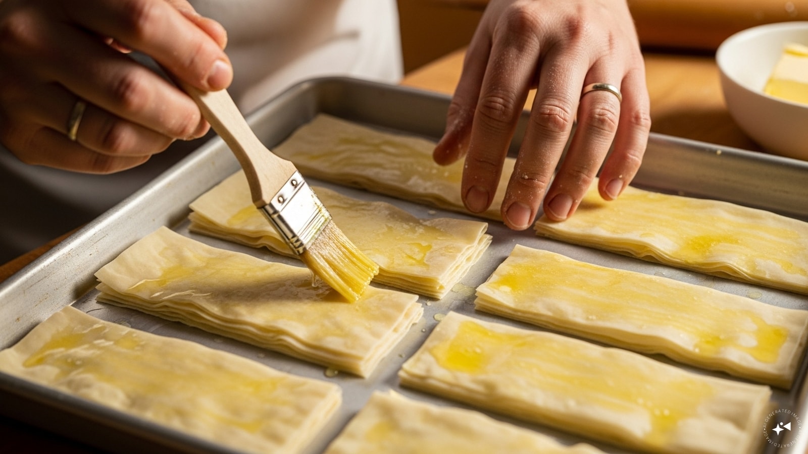 Firstly, layer the phyllo sheets in a greased tray, brushing each sheet with butter. Firstly, layer the phyllo sheets in a greased tray, brushing each sheet with butter.