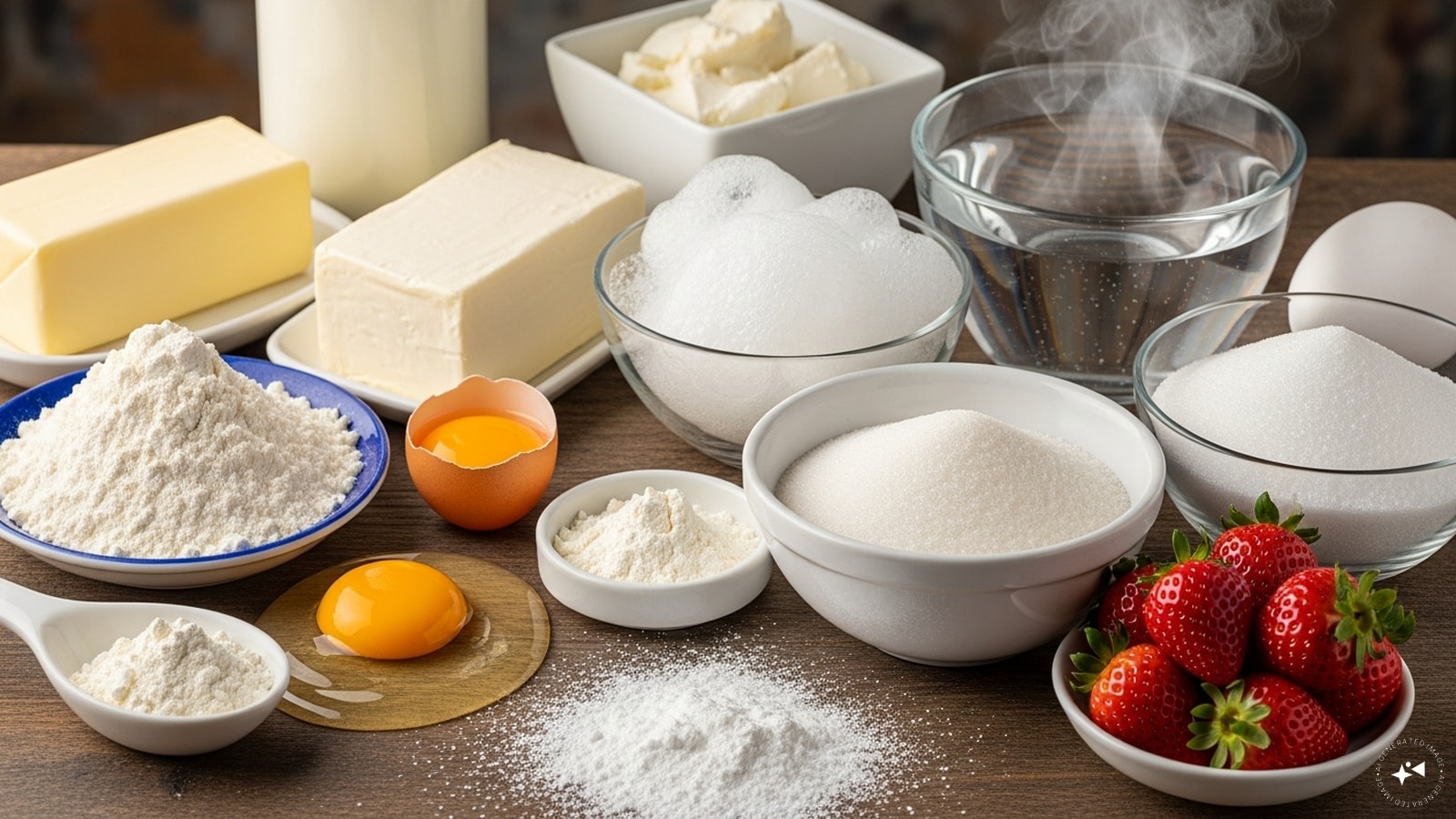 Ingredients: Butter, cream cheese, milk, egg yolk, flour, corn-starch, egg whites, granulated sugar, hot water, powdered sugar and strawberries for garnishing. 