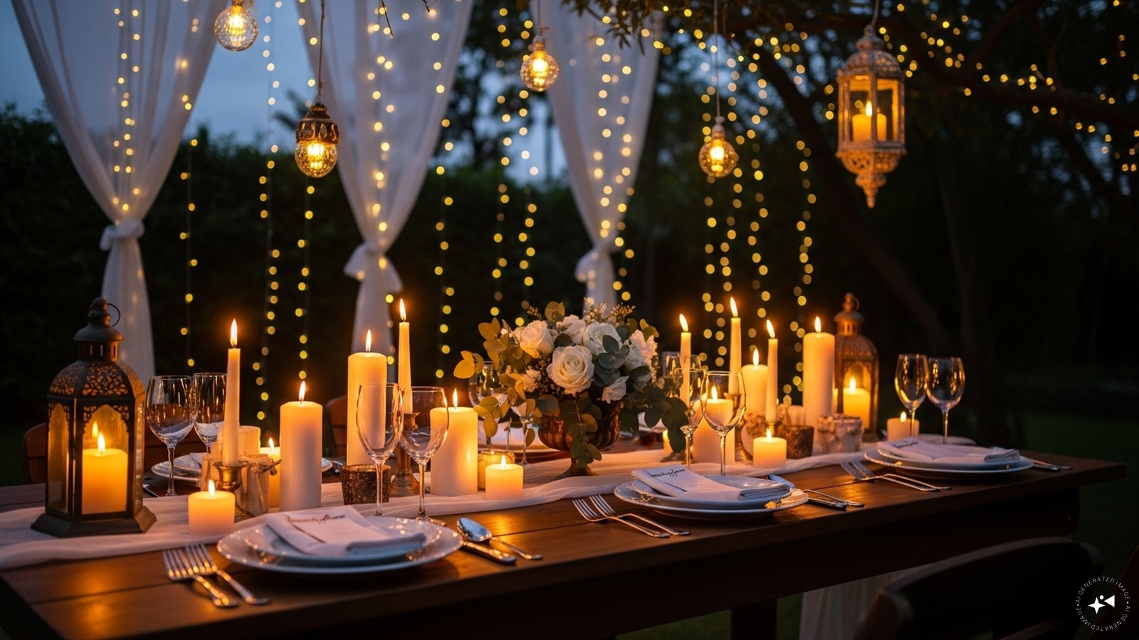 Ambient Lighting: Complement candles with soft overhead lights, fairy lights, or lanterns. Gentle, diffused lighting enhances the romantic mood, making the table inviting and cozy while highlighting décor and creating a warm, celebratory atmosphere.