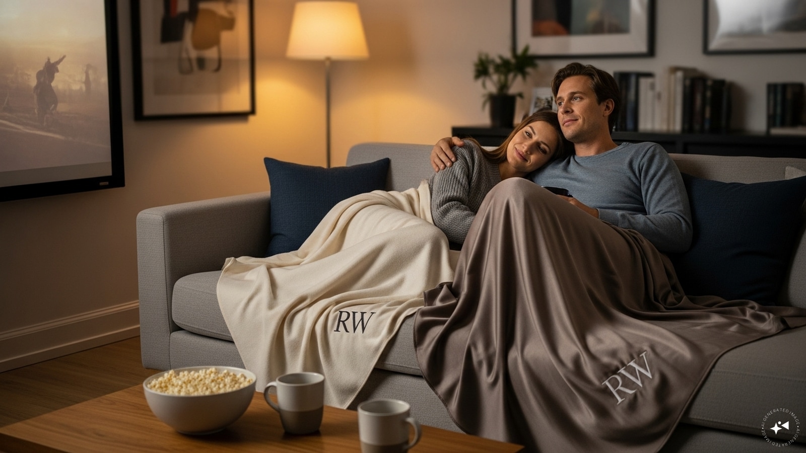 Monogrammed Silk Throws: Drape high-quality silk or cashmere throws over your sofa. Personalizing them with your initials adds a touch of "quiet luxury" and provides a warm, tactile element for post-dinner movie cuddling.