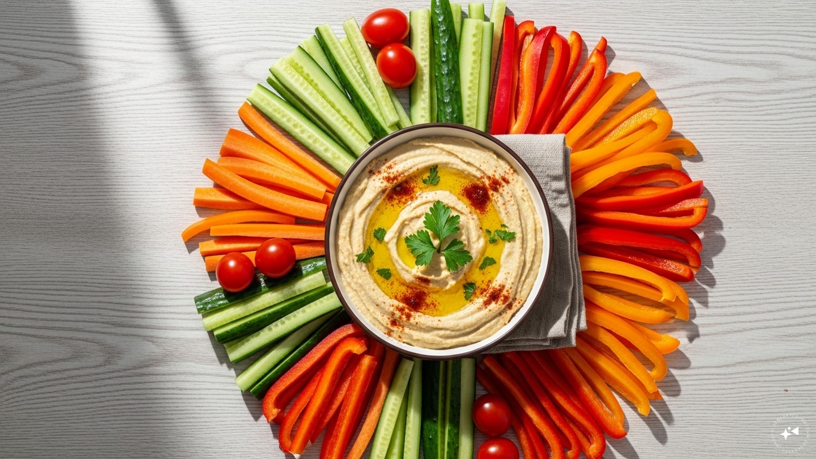 Hummus with Veggie Sticks: Freshly cut carrots, cucumbers, and bell peppers dipped in hummus make a nutritious and crunchy snack. Rich in protein and fiber, this combination is quick to prepare, satisfying, and keeps you energized without feeling too heavy.
