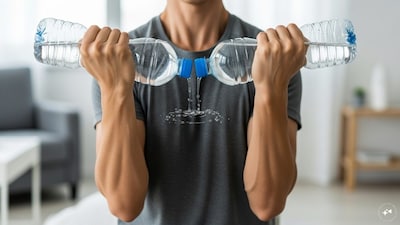 Bicep Curls with Water Bottles: No dumbbells? No problem. Grab two filled water bottles and perform bicep curls by lifting them towards your shoulders. This simple move strengthens and tones your biceps.