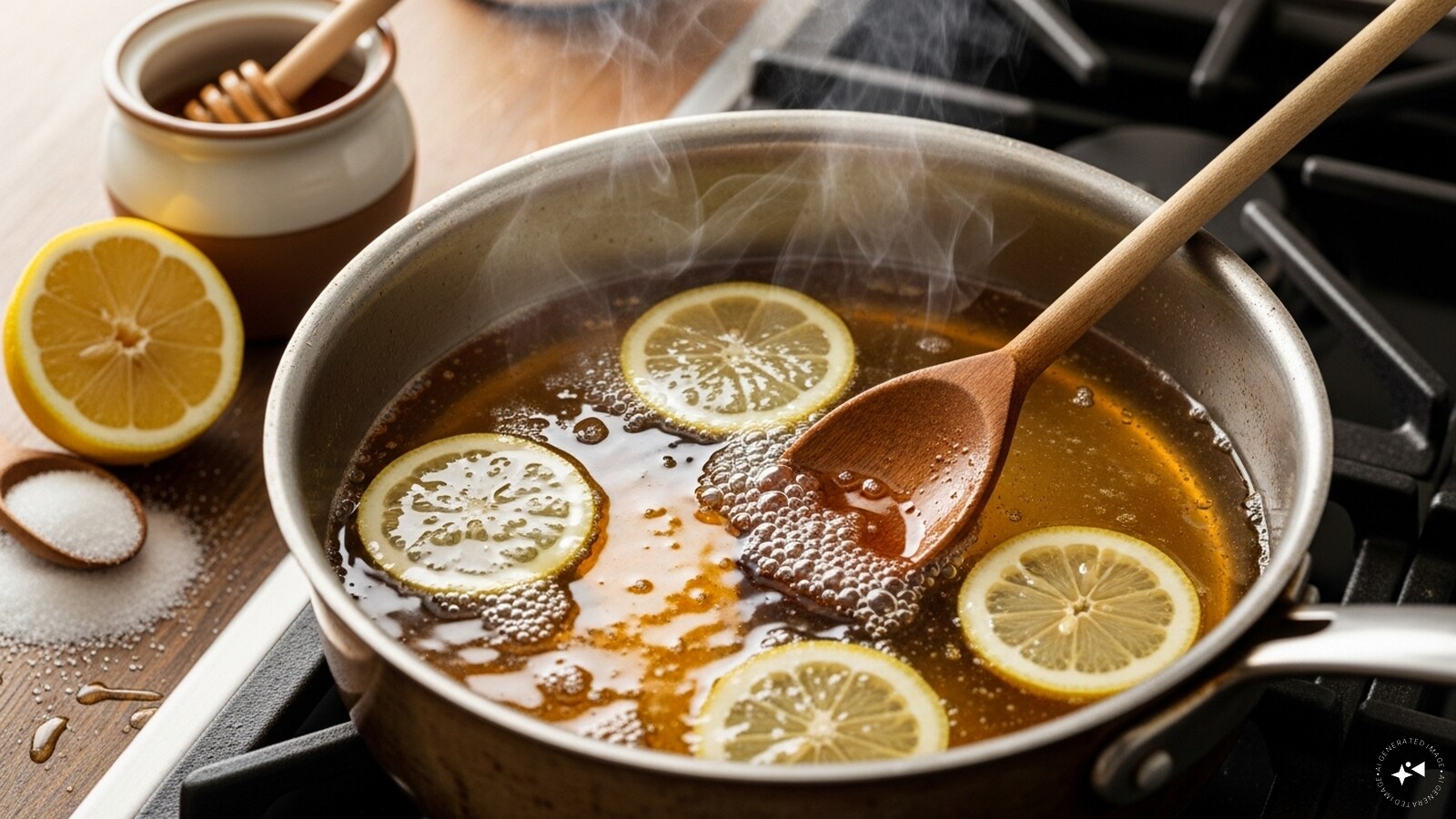 Combine sugar, water, honey, and lemon juice in a pan, then simmer gently until it forms a smooth, fragrant syrup. Combine sugar, water, honey, and lemon juice in a pan, then simmer gently until it forms a smooth, fragrant syrup.