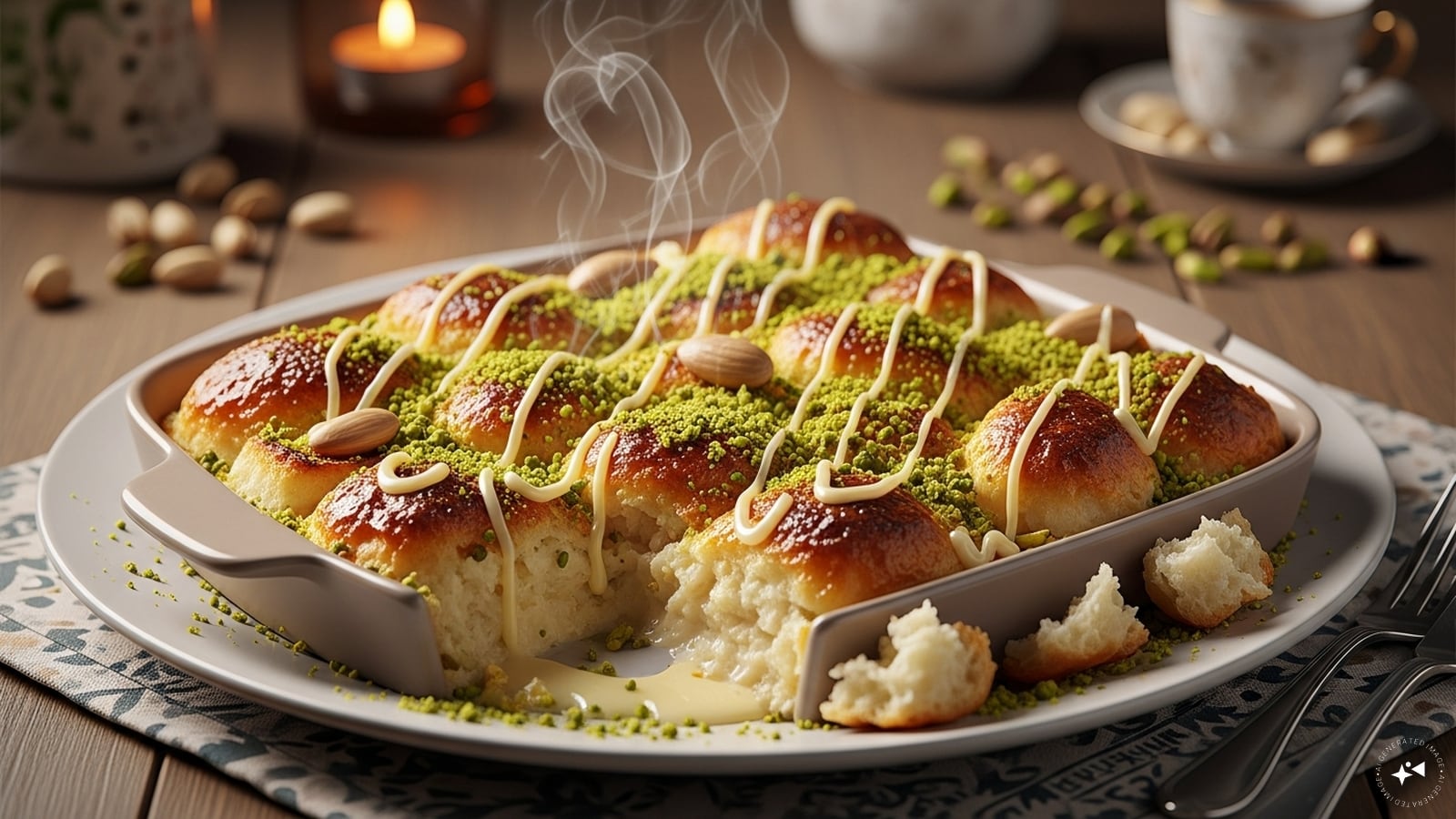 Umm Ali: Egypt’s national dessert is a comforting, warm bread pudding made from puff pastry, milk, and cream. Generously topped with raisins, pine nuts, and coconut, it is baked until the top is caramelized, creating a silky, soul-warming finish to Iftar.